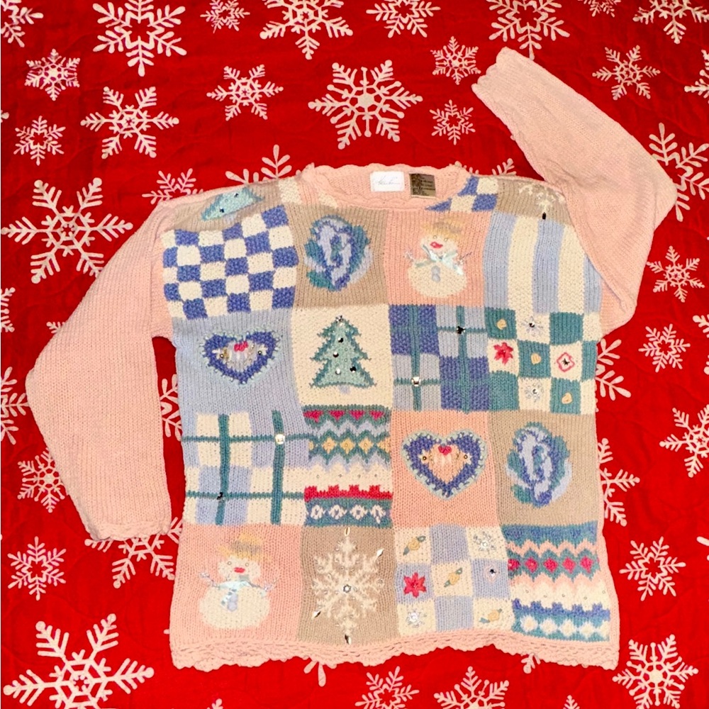 STAND OUT 90’s XMAS PASTEL SWEATER XL Kathie Lee Patchwork Knit Sweater CLASSY!